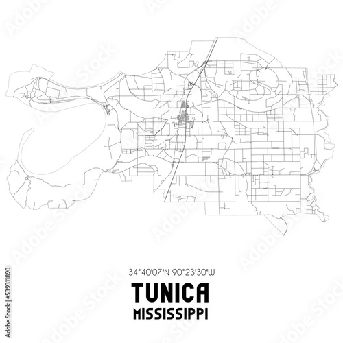 Tunica Mississippi. US street map with black and white lines.