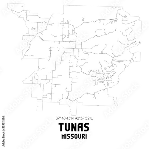 Tunas Missouri. US street map with black and white lines.