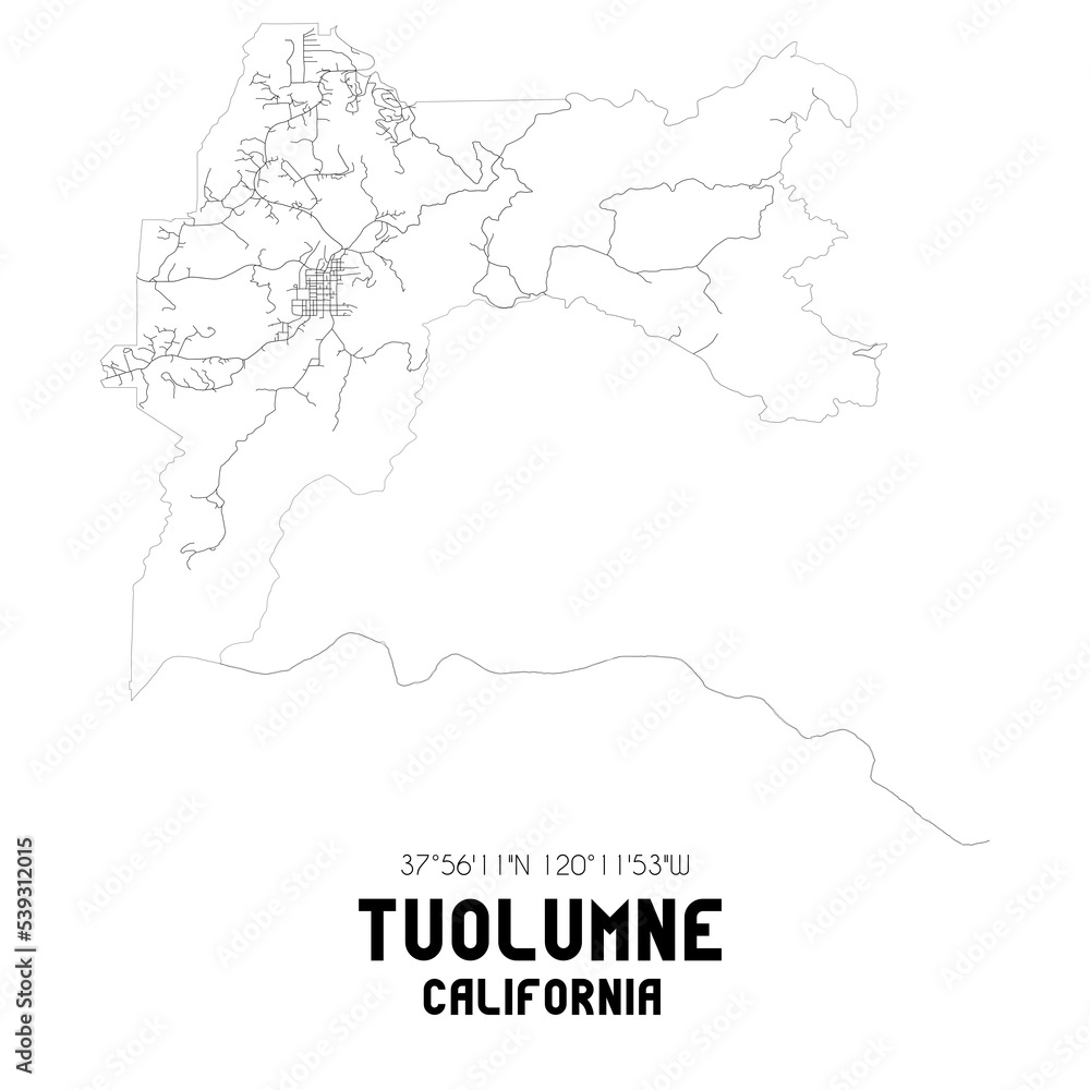 Tuolumne California. US street map with black and white lines.