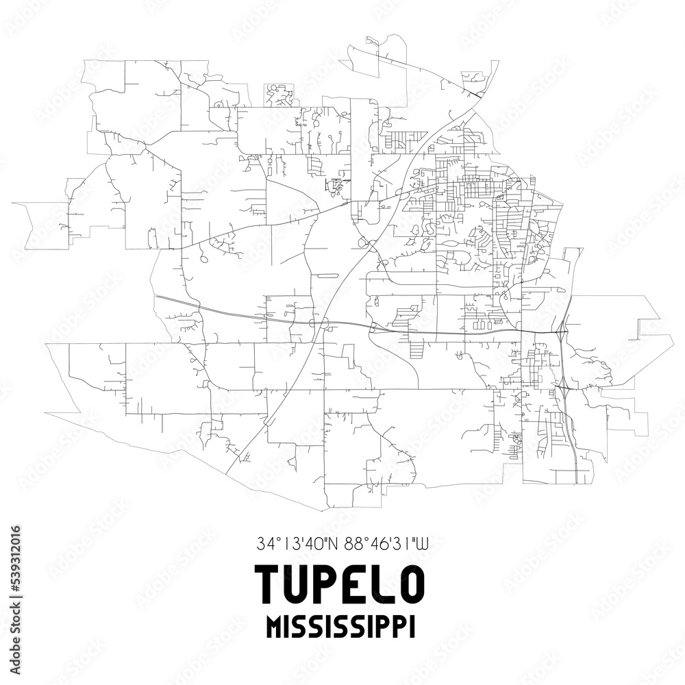 Tupelo Mississippi. US street map with black and white lines.