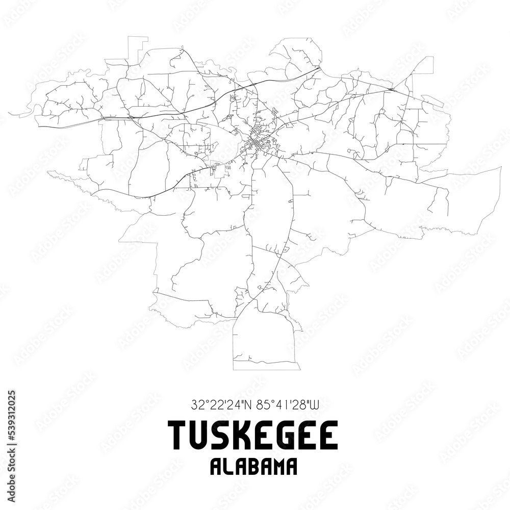 Tuskegee Alabama. US street map with black and white lines. Tuskegee Alabama. US street map with black and white lines.