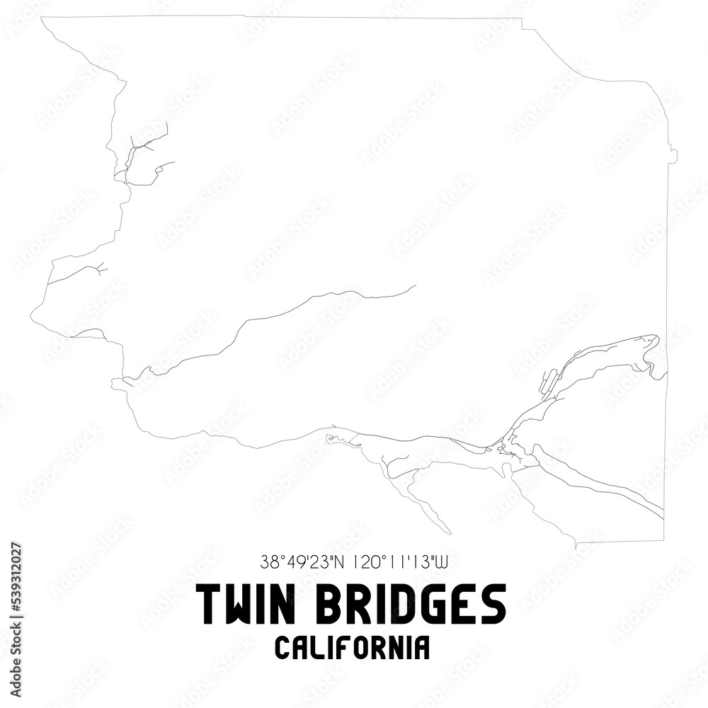 Twin Bridges California. US street map with black and white lines.