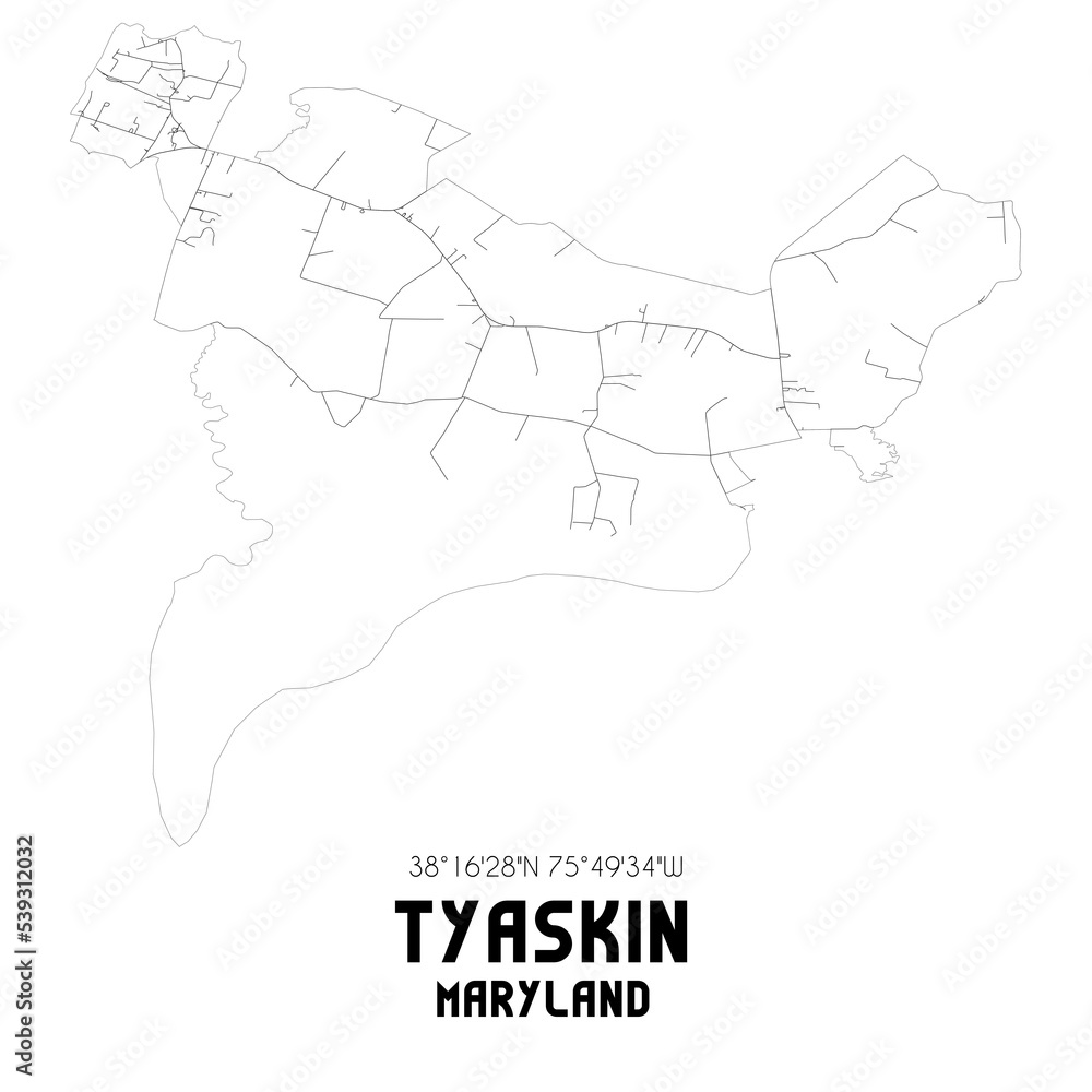 Tyaskin Maryland. US street map with black and white lines.