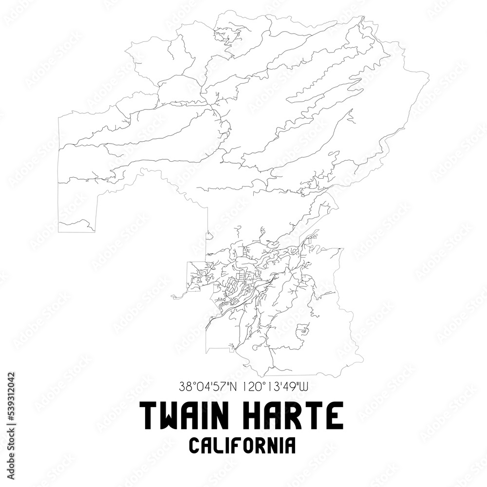 Twain Harte California. US street map with black and white lines.