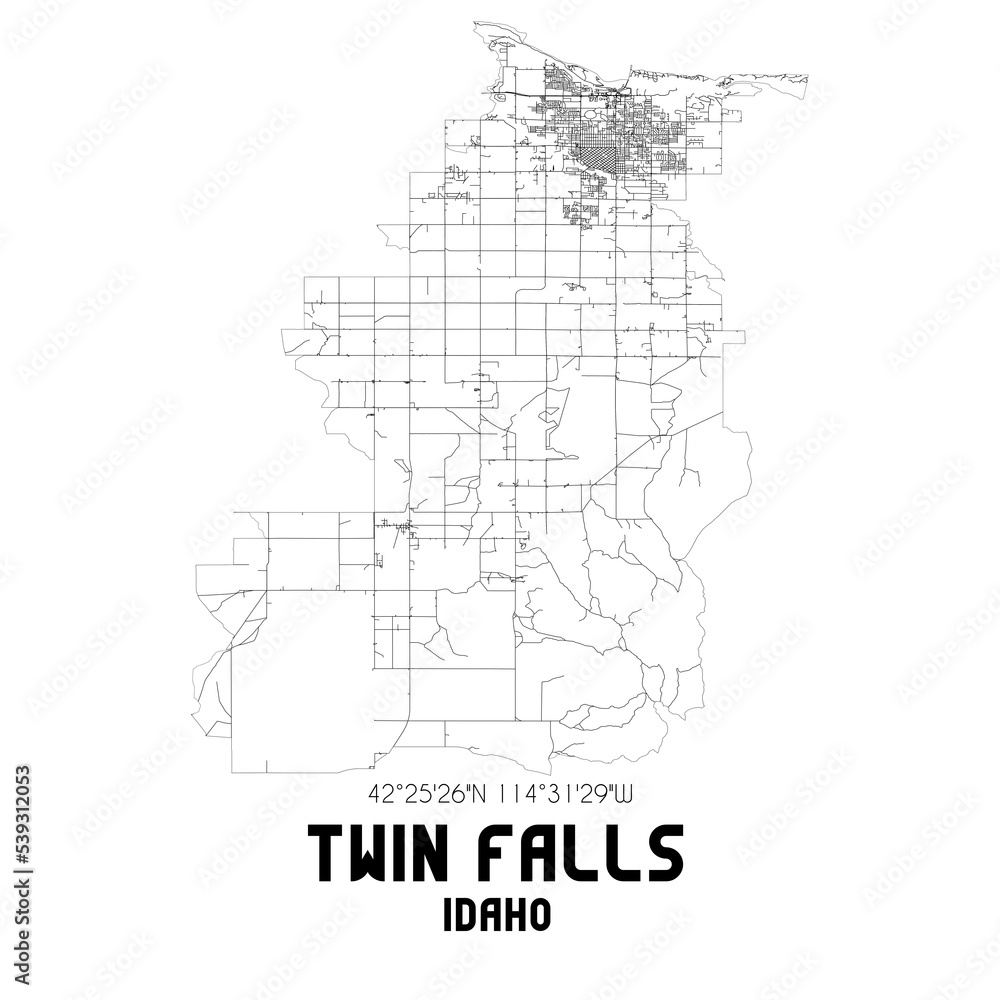 Twin Falls Idaho. US street map with black and white lines.