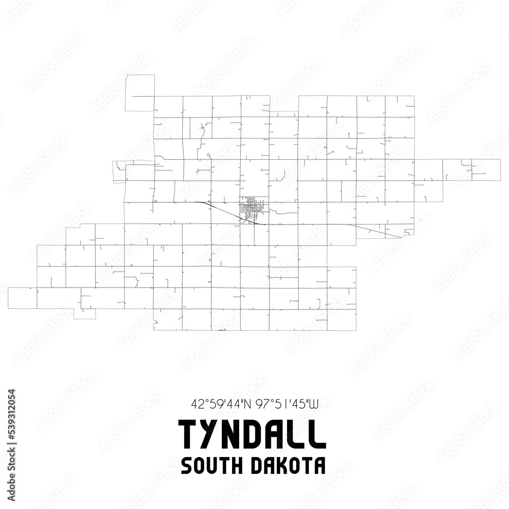 Tyndall South Dakota. US street map with black and white lines. Stock