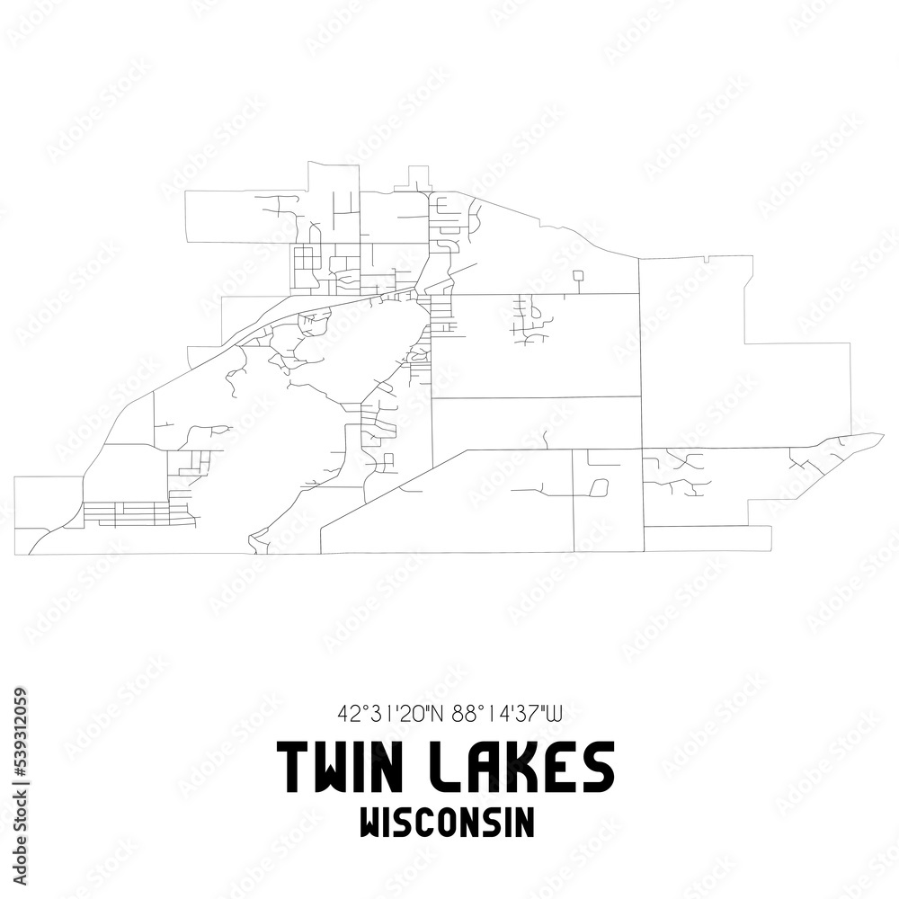 Twin Lakes Wisconsin. US street map with black and white lines.