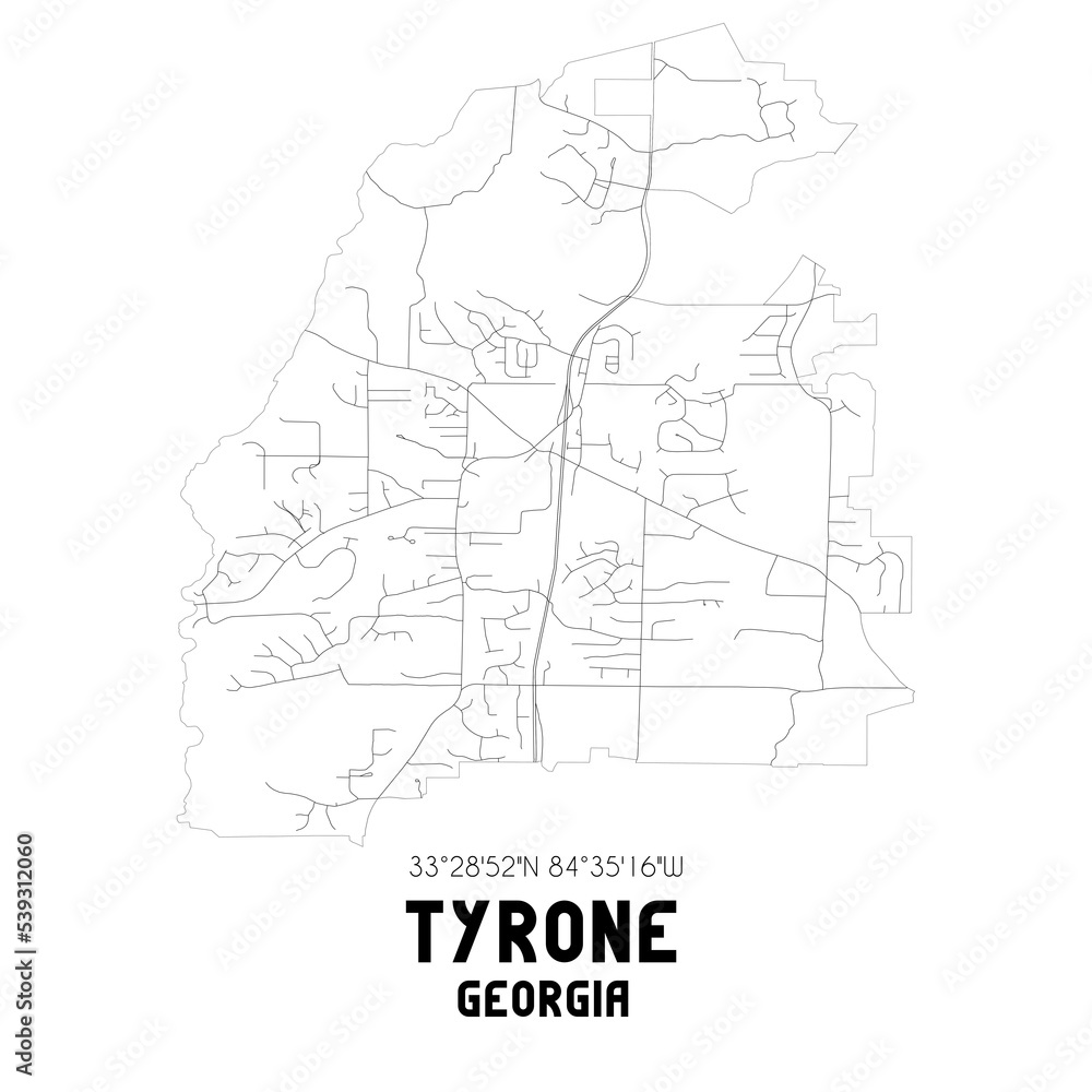 Tyrone Georgia. US street map with black and white lines.