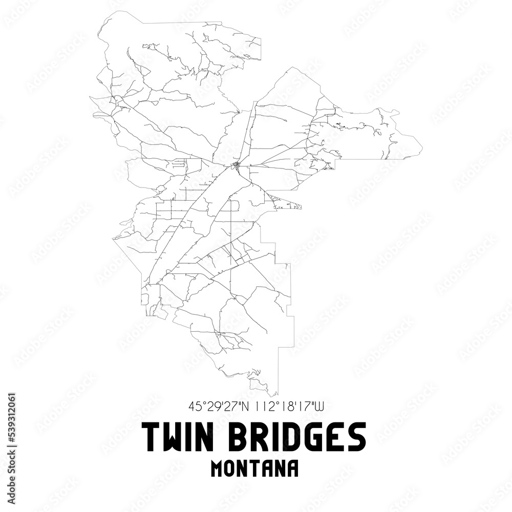 Twin Bridges Montana. US street map with black and white lines.