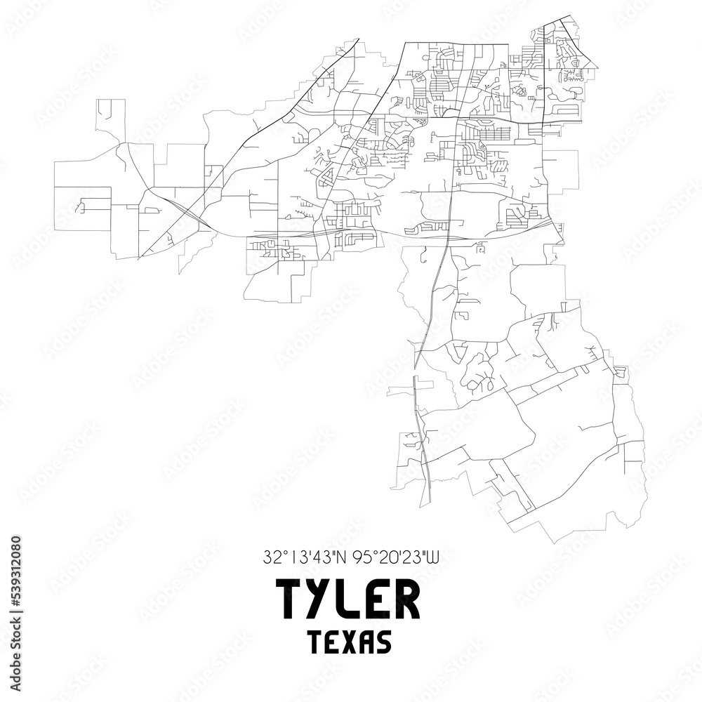 Tyler Texas. US street map with black and white lines.