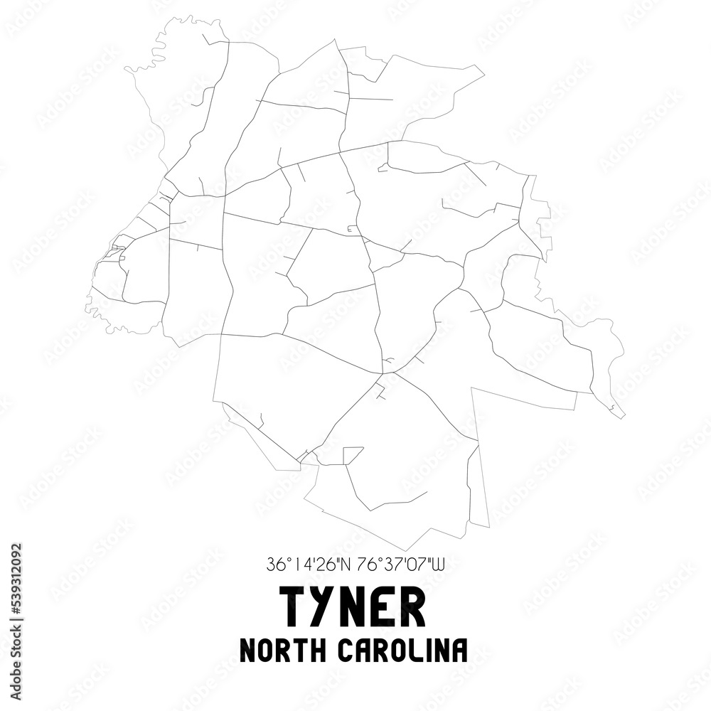 Tyner North Carolina. US street map with black and white lines.