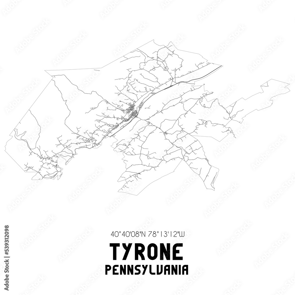 Tyrone Pennsylvania. US street map with black and white lines.