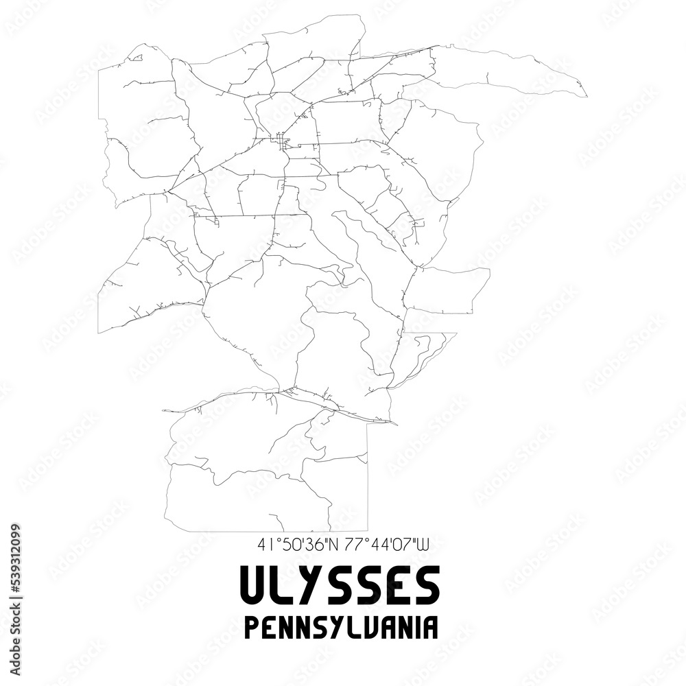 Ulysses Pennsylvania. US street map with black and white lines.