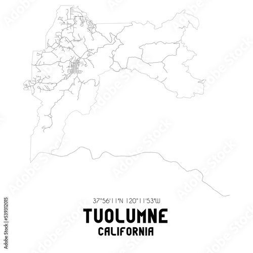 Tuolumne California. US street map with black and white lines. photo