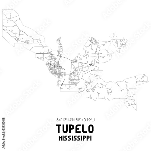 Tupelo Mississippi. US street map with black and white lines.