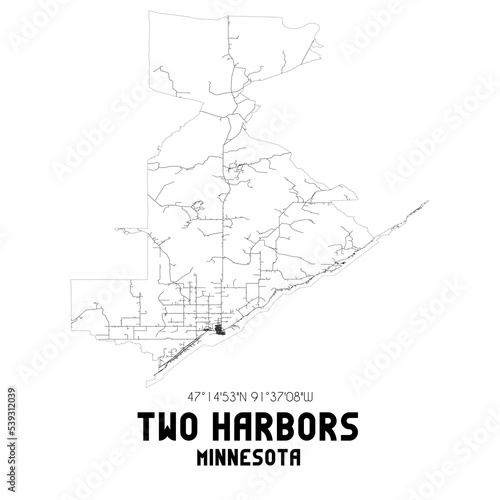 Two Harbors Minnesota. US street map with black and white lines.