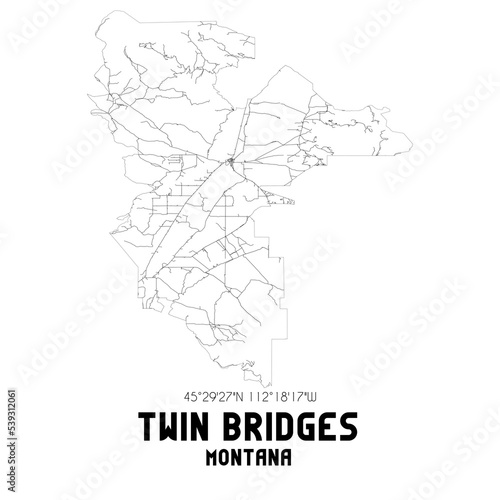 Twin Bridges Montana. US street map with black and white lines.