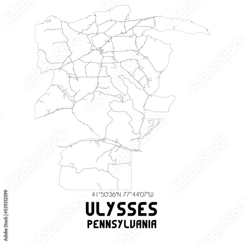 Ulysses Pennsylvania. US street map with black and white lines.