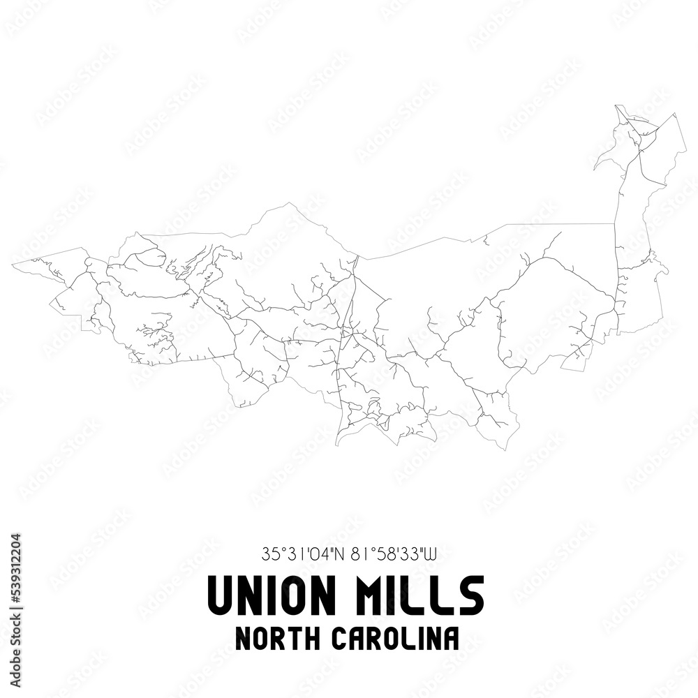 Union Mills North Carolina. US street map with black and white lines.