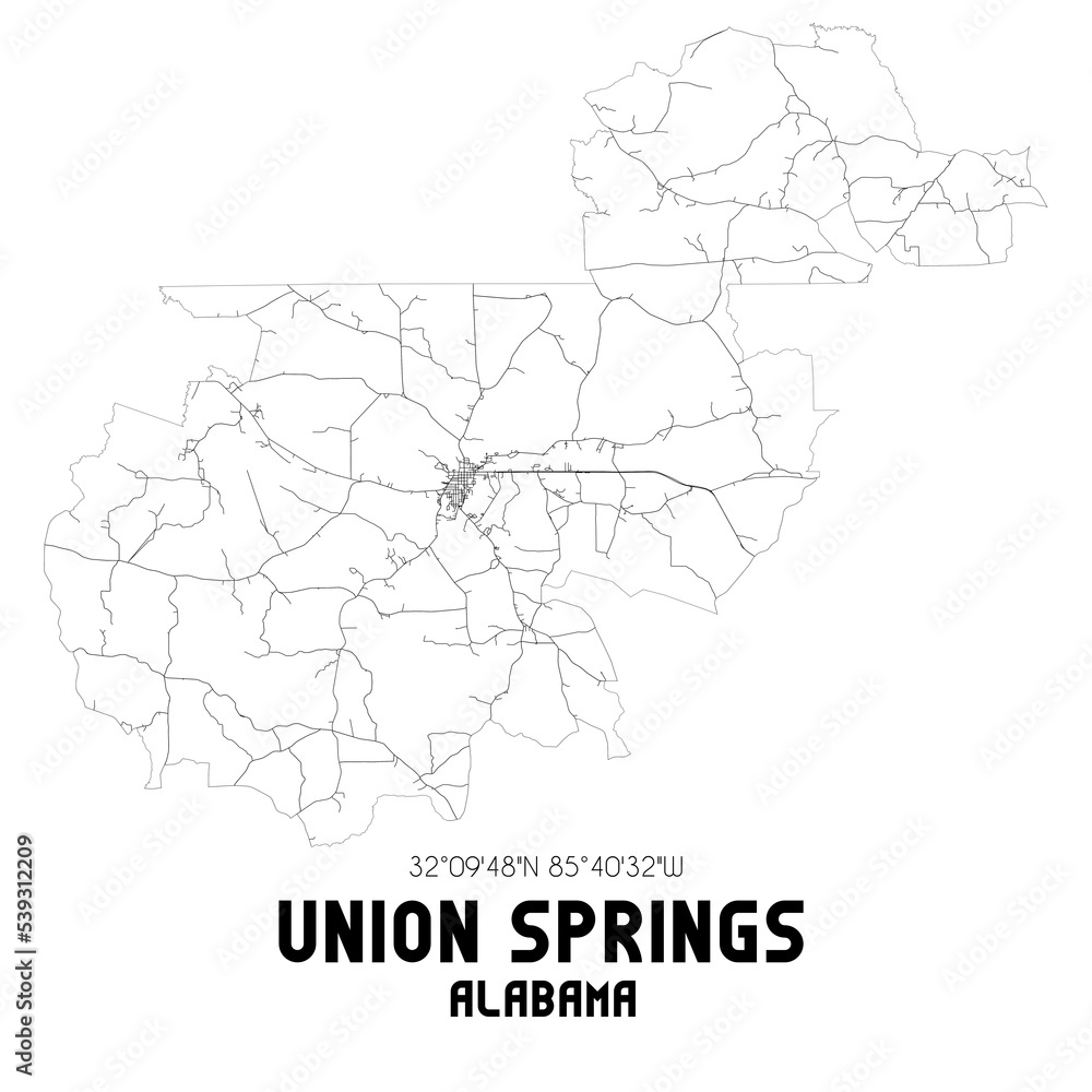 Union Springs Alabama. US street map with black and white lines.