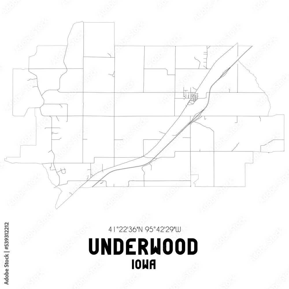 Underwood Iowa. US street map with black and white lines.