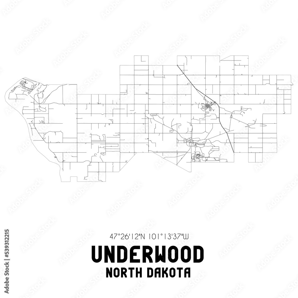 Underwood North Dakota. US street map with black and white lines.
