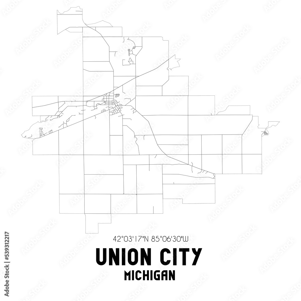 Union City Michigan. US street map with black and white lines.