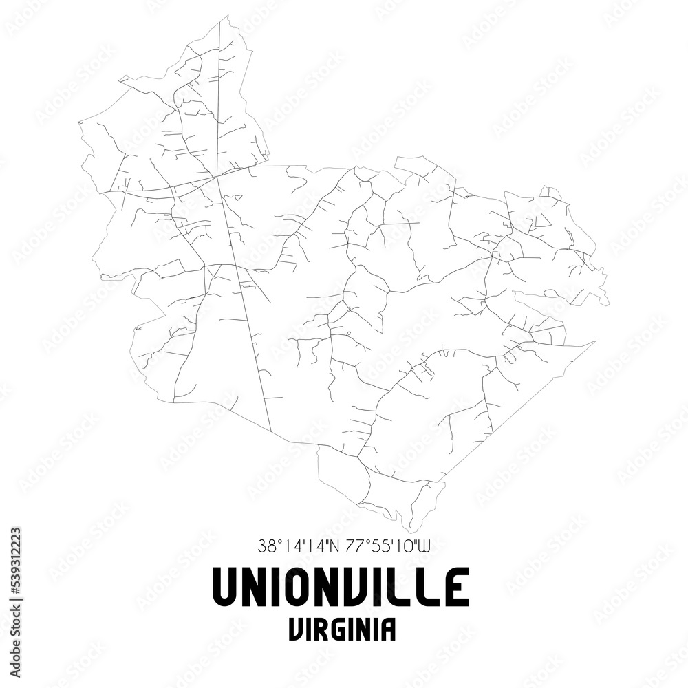 Unionville Virginia. US street map with black and white lines.