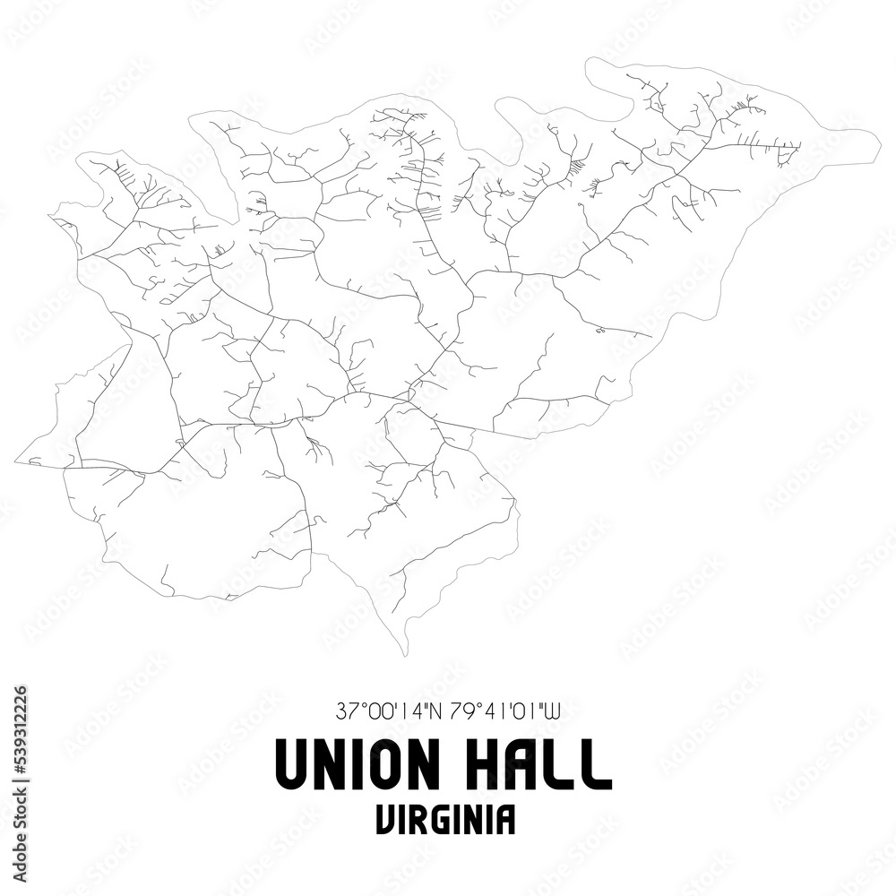 Union Hall Virginia. US street map with black and white lines.