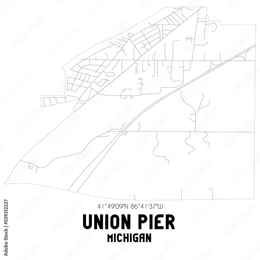 Union Pier Michigan. US street map with black and white lines.