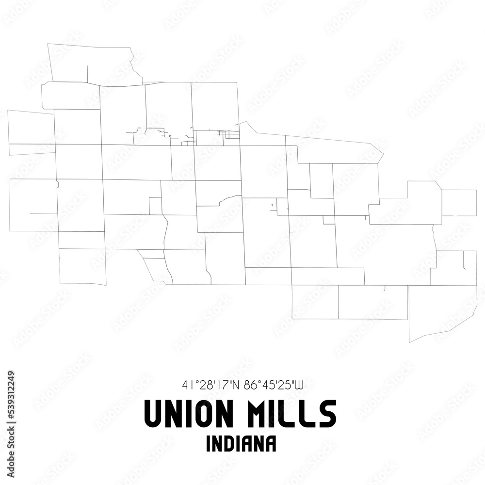 Union Mills Indiana. US street map with black and white lines. Stock