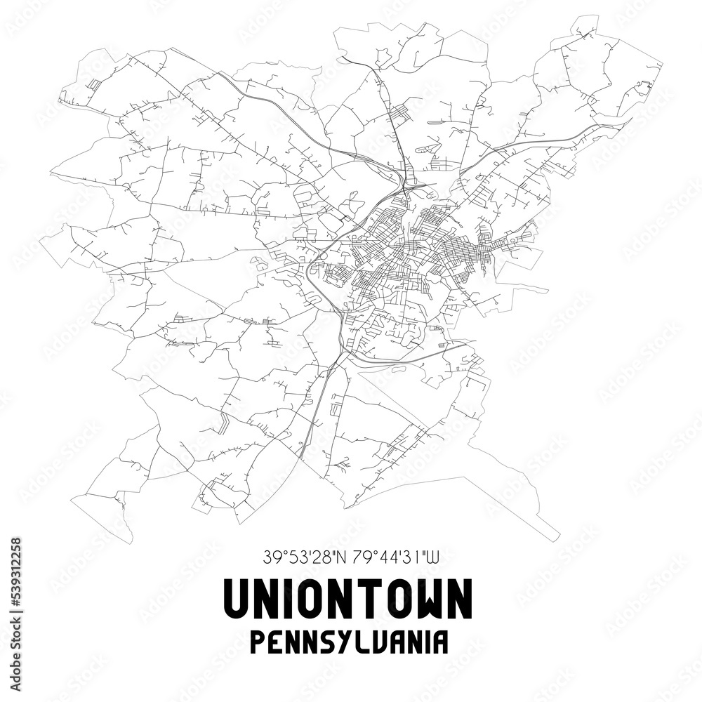 Uniontown Pennsylvania. US street map with black and white lines.