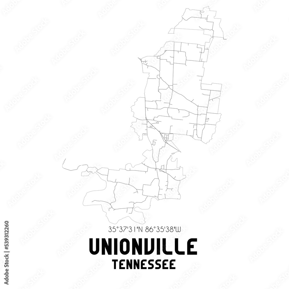 Unionville Tennessee. US street map with black and white lines.