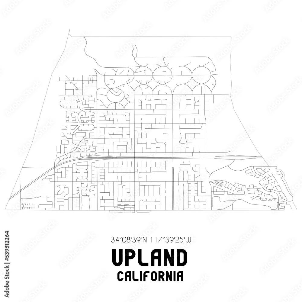 Upland California. US street map with black and white lines.