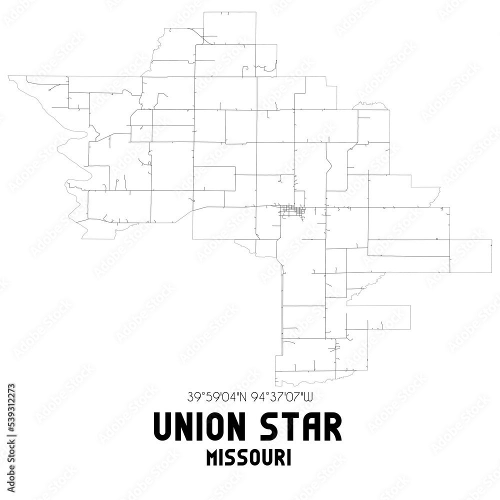 Union Star Missouri. US street map with black and white lines.