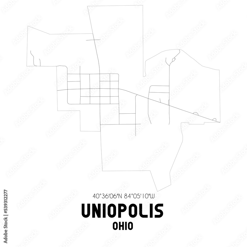 Uniopolis Ohio. US street map with black and white lines.