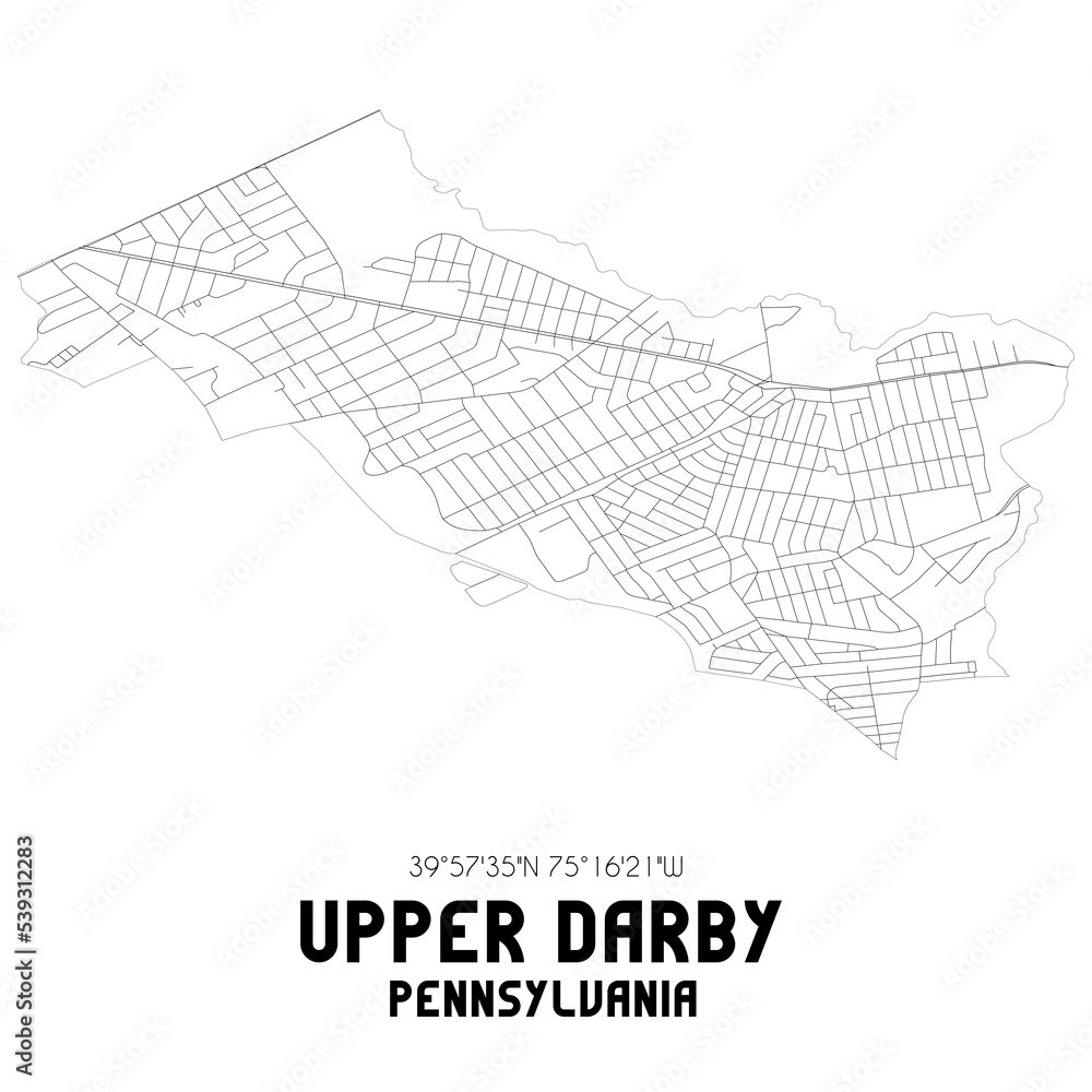 Upper Darby Pennsylvania. US street map with black and white lines.
