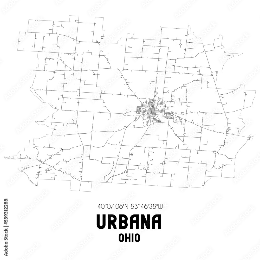Urbana Ohio. US street map with black and white lines.