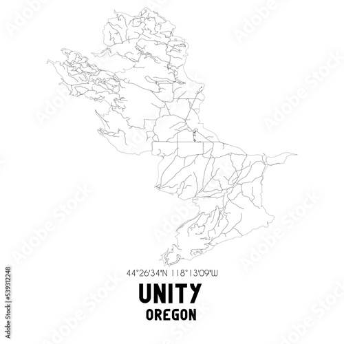 Unity Oregon. US street map with black and white lines.