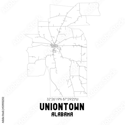 Uniontown Alabama. US street map with black and white lines.