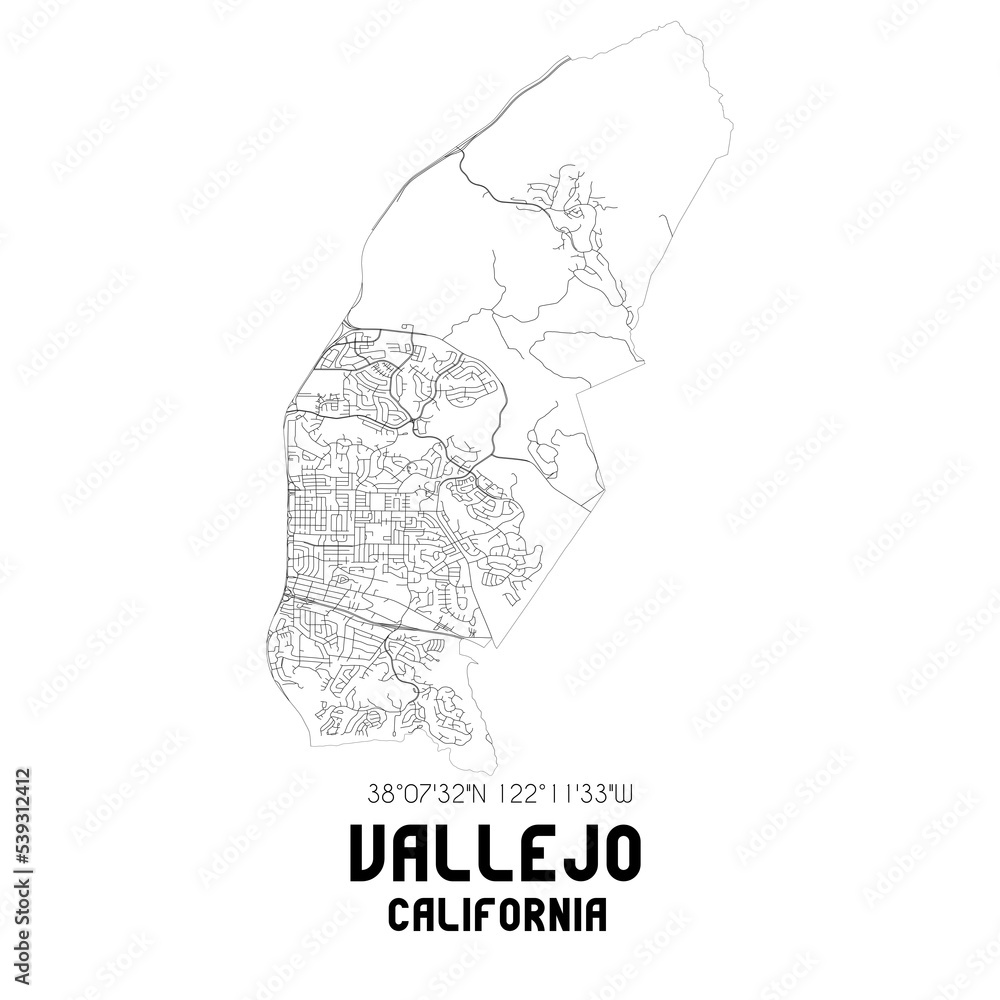 Vallejo California. US street map with black and white lines.