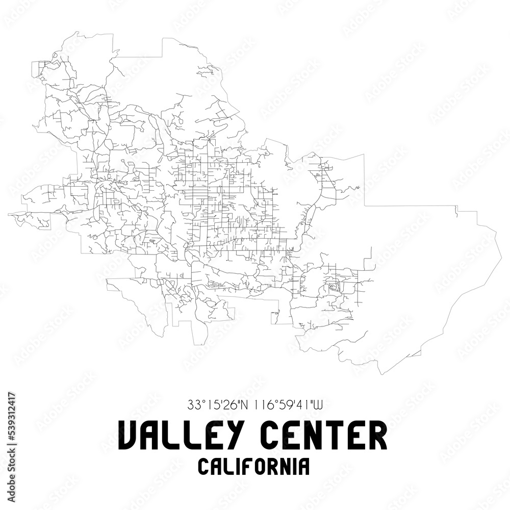 Valley Center California. US street map with black and white lines.