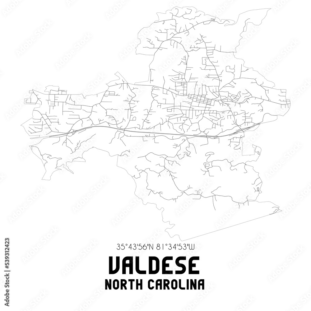 Valdese North Carolina. US street map with black and white lines.