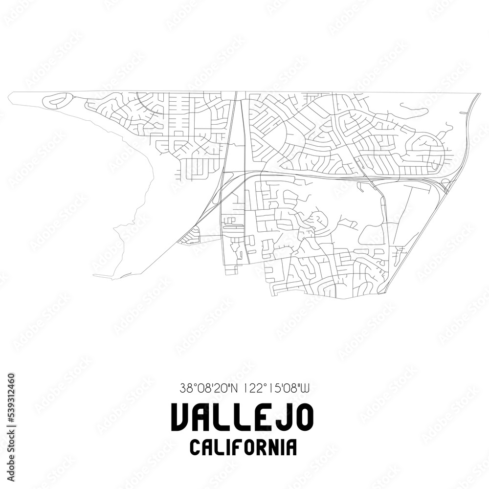 Vallejo California. US street map with black and white lines.