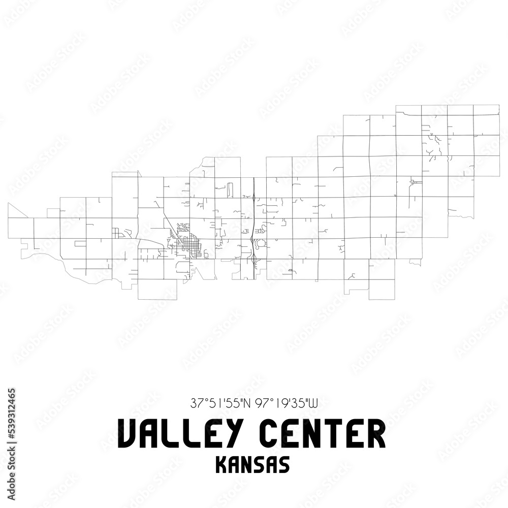 Valley Center Kansas. US street map with black and white lines.