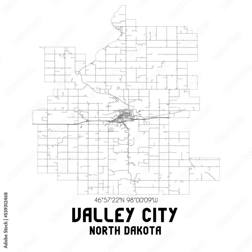 Valley City North Dakota. US street map with black and white lines.