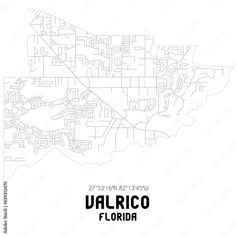 Valrico Florida. US street map with black and white lines.