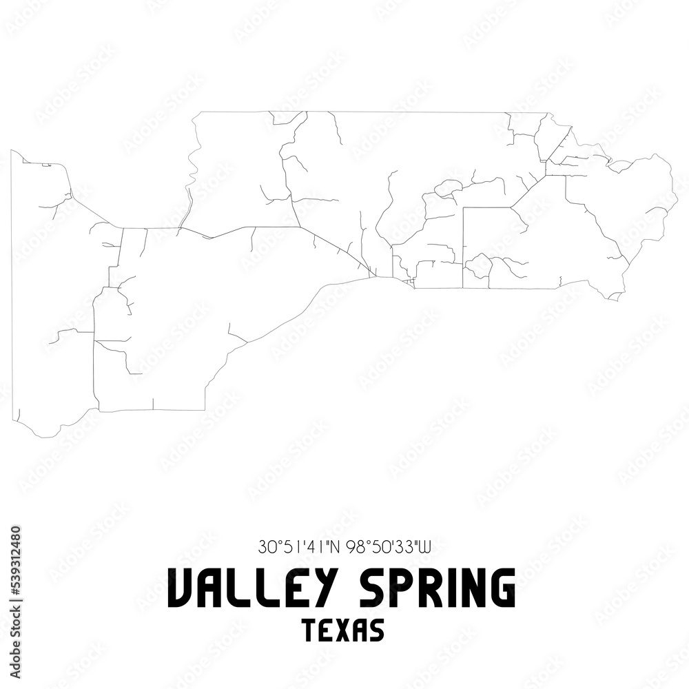 Valley Spring Texas. US street map with black and white lines. Stock