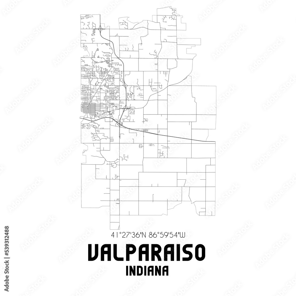 Valparaiso Indiana. US street map with black and white lines.