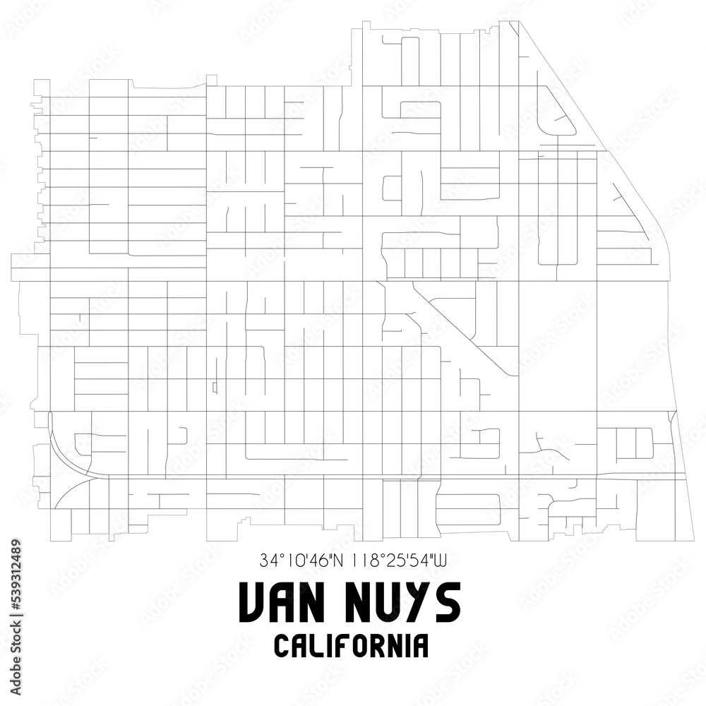 Fototapeta premium Van Nuys California. US street map with black and white lines.